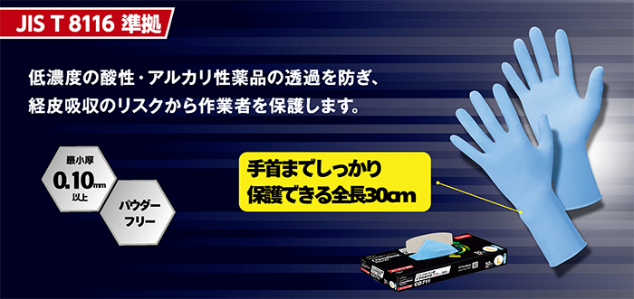 「CD711 ニトリルゴム製化学防護手袋 使いきりロングタイプ 50枚入」新発売